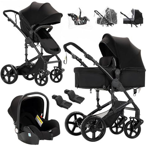 Reenborn Kinderwagen 3 in 1, Buggy mit Zwei Umkehrbaren Schiebemodi, Kinderwagen mit Rahmen Aluminiumlegierung, Babywagen 3 in 1 Komplettset mit Ein-Klick-Faltdesign Hohe Landschaft (588 Black)