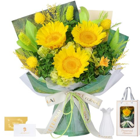 Sunflower Bouquet with Vase, Forever Bouquet Flowers, Eternal Preserved Real Flowers, Gifts for Woman Wife Girlfriend, Gifts for her on Birthday, Anniversary, Mother's Day（Sunflower)
