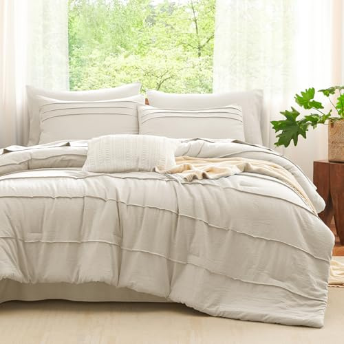 CozyLux Queen Comforter Set Beige, 7 Pieces Soft Pinch Pleat Bed in a Bag Queen Comforter Set with Sheets, Boho Bed Set with Down Alternative Comforter, Sheets, Pillowcases & Shams