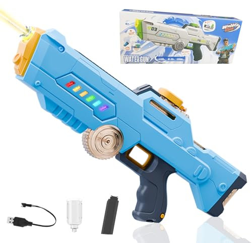 Wasserpistole Elektrisch Sehr Stark, Elektrische Wasserpistole mit Blitz Effekten Automatische Wasserspritzpistole mit Wiederaufladbare Batterie Wasserpistolen 26-33 FT Electric Water Gun (Blau)
