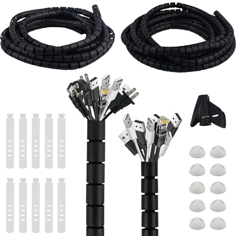 AWBEOT 2 x 5 M, Cache Câble, Range Câble, Diamètre 16 mm / 22 mm, Gaine Spirale Câbles Flexible, Protection des Cables, pour TV,PC,Automobiles, avec 10 Bandes de Rangement, 10 Clips de Fixation, Noir