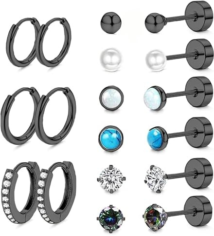 LOFITOR 9 Paia Orecchini in Titanio Ipoallergenici per Donne e Uomini Set Orecchini Donna Acciaio Chirurgico Piercing Orecchio a Cerchio Multi Piercings Helix Trago Conch Piercing（Argento Oro Nero）