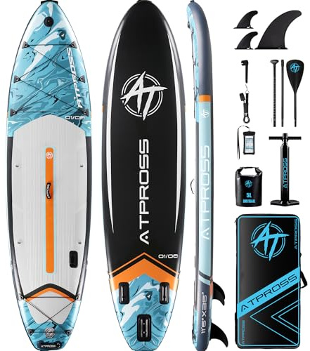 ATPROSS Aufblasbares SUP Board 350 x 89 x 15 cm, bis 240 kg Tragfähigkeit, extra breit für Erwachsene, rutschfeste Standfläche, inkl. Premium SUP Zubehörset & Rucksack,ideal für Yoga