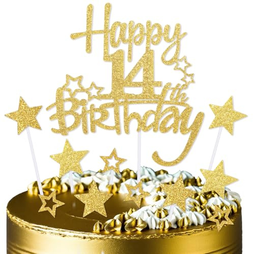 mciskin Gold Happy 14th Birthday Cake Toppers for Cake,Girls Boys 14th Birthday Decorations,Personalised 14 Cake Toppers,Gold Cake Decorations for Girls Boys Women Men Birthday Party Supplies