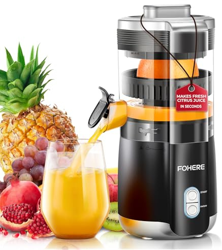 FOHERE Citrus Juicer Electric, Hand-Free Orange Juicer Machine with 2 Interchangeable Cones, Automatic Juice Squeezer for Orange, Lemon, Grape, Pomegranate, Cleaning Brush Included
