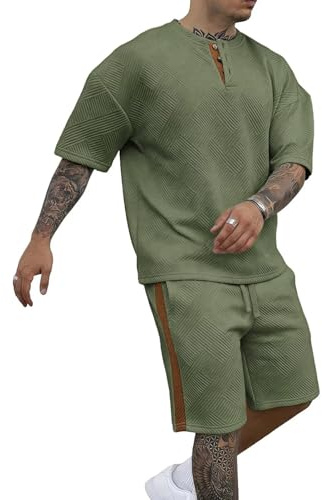 Remxi Mens 2 Piece Tracksuit Set Jacquard Henley Shirt Short Sets Casual Jogging Suits Summer Matching Sets