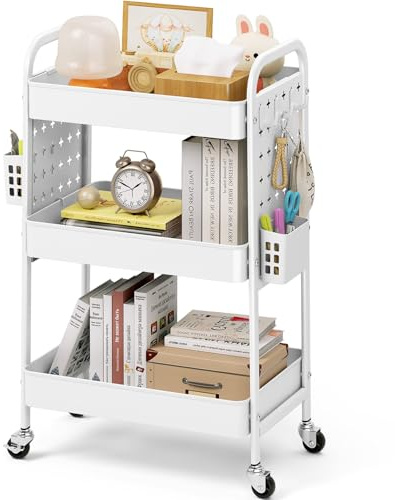 KINGRACK 3 Tier Rolling Cart with DIY Pegboard, Metal Utility Cart with Wheels, Hooks & Baskets, Sturdy Storage Organizer for Craft, Bathroom, Kitchen, Office, Nursery, Classroom (White)