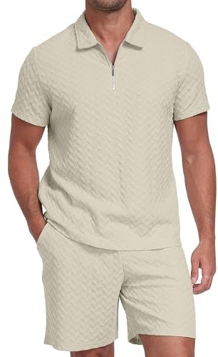 QIXING Herren Sommer Set 2 Teilig Kurzarm Poloshirt mit 1/4 Reißverschluss und Shorts, Herren Freizeitanzug Sommer Outfit, Kurzarm Shirt und Kurze Hose Set für Urlaub Strand Freizeit