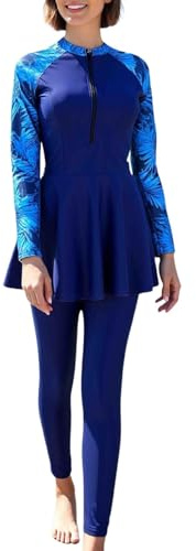 Ropa de baño para mujer musulmana de manga larga con pantalones, traje de baño impreso, ropa de playa islámica modesta, Burkini de cobertura total, ropa de baño modesta, ropa conservadora, R azul., L