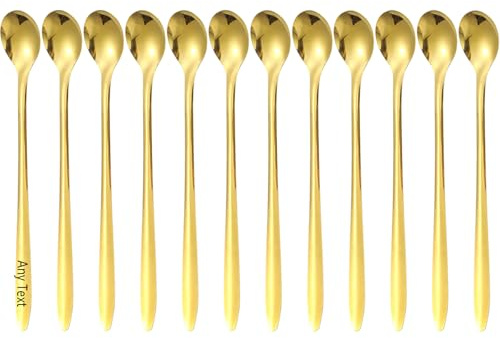 Personalised Set of 12 Latte Spoons with Any Text,Long Handle Coffee Spoons Teaspoons Stainless Steel 7 Inches Tea Spoon Mixing Stirring Spoon for Latte Coffee Espresso Iced Tea Milk Shake (Golden)