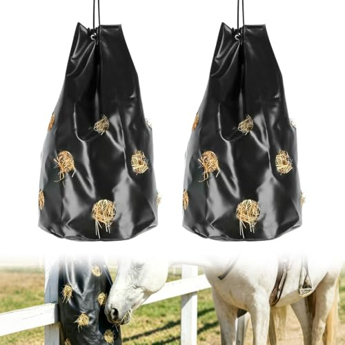 CISSIYOG Lot de 2 Sacs à Foin pour Chevaux 40 x 70 cm, Sac d'alimentation | Sac d'Alimentation avec 16 Ouvertures de Nourrissage (Ø 8 mm), Sac à Foin à Consommation Contrôlée, Matériau PVC Résistant