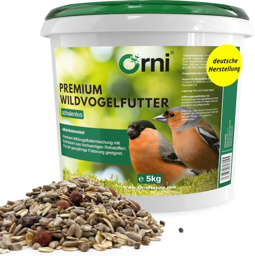 Orni Wildvogelfutter schalenlos Premium Streufutter 5kg | Vogelfutter ohne Schalen für saubere Balkone & Gärten, kein Abfall | Ganzjahresfutter für Amseln