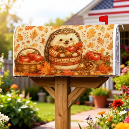 Copertura magnetica per cassetta postale a forma di riccio, rustica, mele, zucche, autunnale, arancione, protezione per la posta per la casa e il giardino, 53 x 64 cm