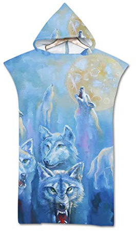 Strand Poncho Kapuze Tier 3D, Badeponcho Mikrofaser Strandtücher Bade Bademantel Schwimmen Surfing Sport Handtuch Badetuch Duschtücher Handtücher Für Damen Herren (Wolf#9)