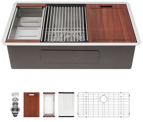 Sarlai 33 Kitchen Sink Undermount - 33 x 19 Inch Undermount Sink Ledge Workstation Deep Single Bowl 16 Gauge Stainless Steel Under Counter Kitchen Sinks Basin