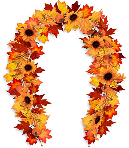 Whaline 6 Ft Fake Fall Maple Leaf Garland with Two Hooks Autumn Sunflower Pumpkin Berries Hanging Vine Decoration for Wedding Party Thanksgiving Dinner Fireplace Door Frame Doorway Backdrop Decor