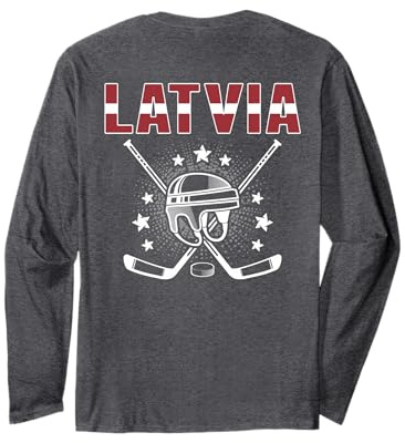 Latvia Ice Hockey Fans Jersey Latvian Flag Puck Hockey Stick Long Sleeve T-Shirt