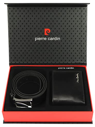 Pierre Cardin Set regalo uomo portafoglio cintura, 100% pelle naturale, minimalista, elegante, per Natale, anniversario, compleanno, in scatola con cintura