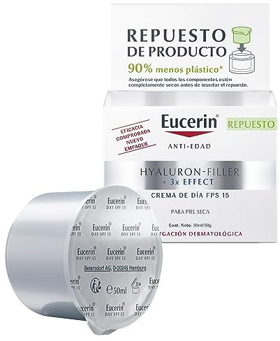 Eucerin Hyaluron-Filler Recarga para Crema de Día FPS 15 para piel seca (50 ml), tratamiento facial antiarrugas, crema antiedad con Ácido Hialurónico para una piel rejuvenecida