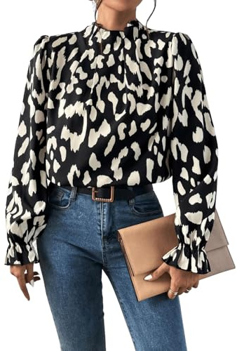 GORGLITTER Blusa con volantes para mujer, blusa con cuello alto, manga larga, blusas elegantes, tops con volantes, manga superior, negro y blanco, M
