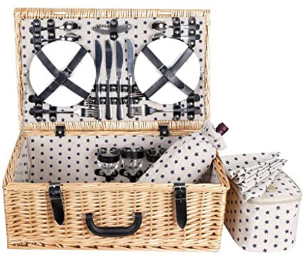 FURLOU Picknickkorb aus Weidengeflecht mit Besteck Isolierbeutel Serviette Großer Picknickkorb für 4 Personen 54X34x20cm