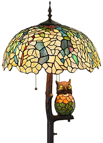 Bieye L30840 Lampadaire en verre teinté de style Tiffany en cytise dorée avec abat-jour de 45,7 cm de large, lampe latérale en forme de hibou, 4 lumières, 65 pouces de haut