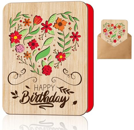 ORIGACH Blumen hölzerne Geburtstag Grußkarte mit Umschlag handgemachtes Herz geformt Blume hölzerne Geburtstagskarten alles Gute zum Geburtstag Premium Holzkarte für Frau Ehemann Freund