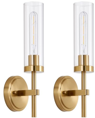 Hardwired Gold Wall Sconces Set of 2, Modern Bathroom Sconces Wall Lighting Vanity Light Fixtures with Clear Glass, Brushed Brass Wall Decor Lights for Mirror Living Room Bedroom Hallway Stairwell