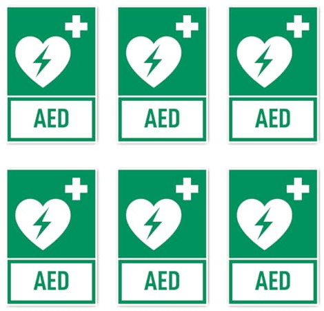 Aufkleber: 75x50 mm, 6 Stück - Automatisierter Externer Defibrillator (AED) - Rettungszeichen mit Text (deutsch) (grün/weiß) - hochkant - E010 - DIN EN ISO 7010 / ASR A1.3