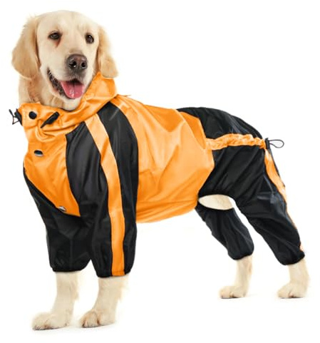 OUOBOB Hund Regenmantel, wasserdichte Hund Regenmantel für große Hunde, Leichte Regenjacke, Einstellbare 4-Beine Haustier Poncho mit Kapuze, Schneefeste Hund Weste Regenbekleidung