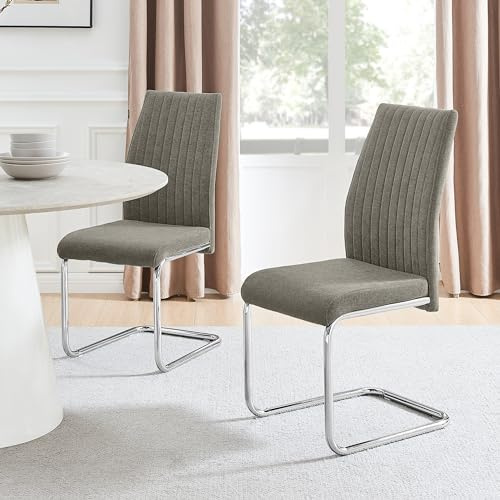 Furniturebox UK Lorenzo - 2x Grey Fabric Dining Chairs, Silver Chrome Metal Cantilever Legs - Modern Dining/Kitchen Furniture