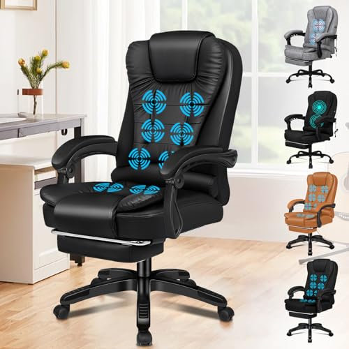 ELFORDSON Executive Office Chair with 8-point Massage Seat Heated, PC Desk Gaming Chair with Armrests Footrest High Back 150° Recliner Tilt Padded Swivel PU Leather, Black