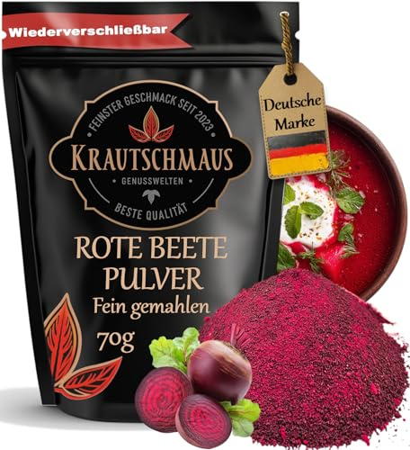70g Rote Beete Pulver von Krautschmaus, zum Färben, Würzen und Kochen, schonend getrocknet und gemahlen, intensive Farbe, für Desserts, Smoothies und Joghurts, ohne Zusatzstoffe