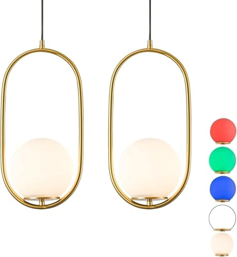 Pendelleuchte Deckenlampe Ohne Stromanschluss Hängelampen Kugelförmiges Weißes Glas，mit Fernbedienung Pendellampe Batteriebetrieben ，7-FarbkonvertierungKeine Elektriker-Installation Erforderlich