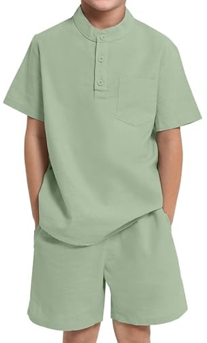JiAmy pojkar kläder 2-delat set, Henley-krage kortärmade toppar med shorts kit, sommar vardaglig bomull barn koordinerande kläder för 5-14 år, ljusgrön, 9-10 Years