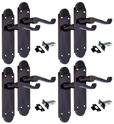 Black Nickel Scroll Door Handle Set – Victorian Style Internal & External Lever Handles with Backplate (170mm x 42mm) – Includes Tubular Latches (4 Pairs)