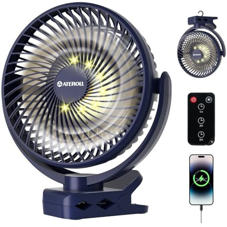 Ateroll 10000mAh Clip on Fan with Remote, 3 Speeds USB Rechargeable Fan with Timer & LED Lights, 360°Rotate 8 Battery Powered Desk Fans for Home Office Travel Camping (Blue)