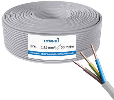 kör4u NYM-J 3 x 1,5 mm² - 50 m, cavo di installazione, cavo di alimentazione per installazione elettrica, cavo per ambienti umidi, DIN VDE 0250-204