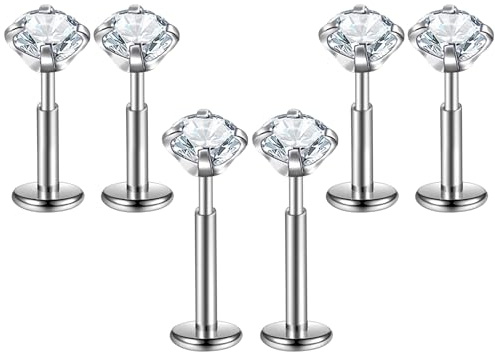 Azushwer 6Pcs Tragus Piercing Jewelry, Tragus Earrings, Flat Back Earrings for Women Surgical Steel Flatback Stud Earrings, Hypoallergenic Threadless Push in Nose Rings for Cartilage Earrings (Sliver)