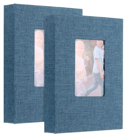 uxcell 2Pcs Small Photo Album, 5x7 Inch Linen Cover Pockets Photo Book, Slip-in Picture Albums with Display Window Holds 26 Page 52 Photos for Wedding Family Anniversary, Blue