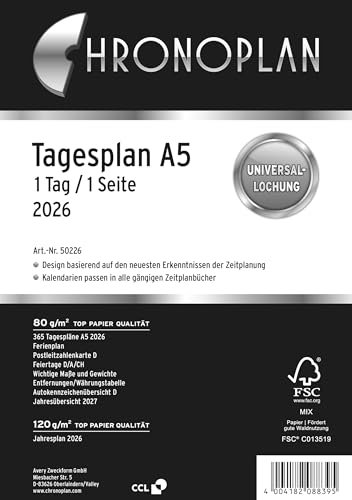 Chronoplan 50226 Kalendereinlage 2026 (Tagesplan A5 (148x210mm), Ersatzkalendarium für Terminplaner, Tagesplaner, ideal für detaillierte Tagesplanung, 1 Tag auf 1 Seite, mit Universallochung) weiß