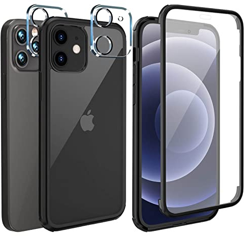 Leedia Handyhülle Kompatibel mit iPhone 12 Pro Hülle 360 Grad + 2 Kameraschutz Ganzkörper Eingebauter Glas Displayschutzfolie Schutzhülle Transparent Clear Case für iPhone 12 Pro / 12 6.1 Schwarz