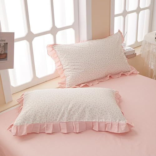 Pink Floral Ruffle Pillowcases Set Cute Flower Bedding Standard Size Pillow Shams with Elegant Pink Ruffle Cotton Bedding Pillow Covers Girls Cottagecore Flower Pillowcases Set, (2 Pieces, 20x26)
