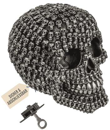 Out of the blue Spardose Totenkopf – Silberne Geldbox mit Schloss – dekorative Skull-Spardose aus Polyresin – sichere Aufbewahrung für Münzen & Scheine ca. 15 x 12 cm