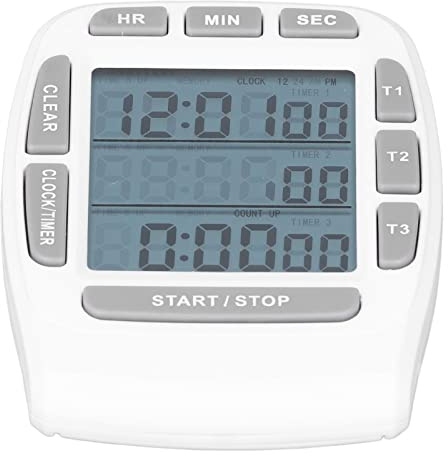 Tbest Reloj 3 Canales Cuenta Arriba 99 Horas 59 Minutos Seconds Pantalla LCD con Batería de Pantalla Transparente para la Pantalla para la Oficina de Cocina Tiempo Universal ABS White