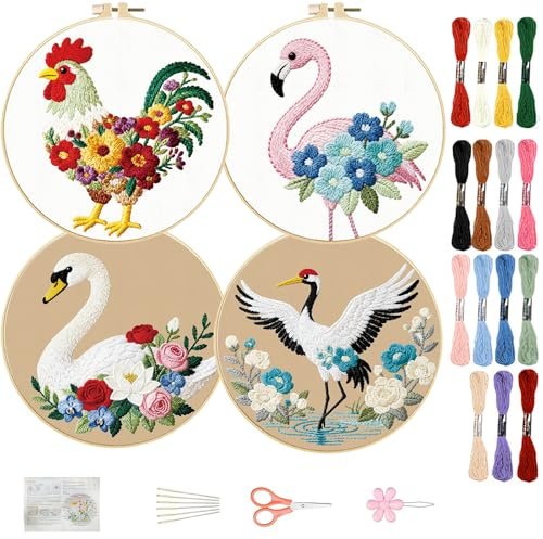FREEBLOSS Juego de 4 kits de bordado con patrón de animales, kit de inicio de bordado con instrucciones paso a paso, hilos de colores, 2 aros, kits de punto de aguja para regalo para amantes de las