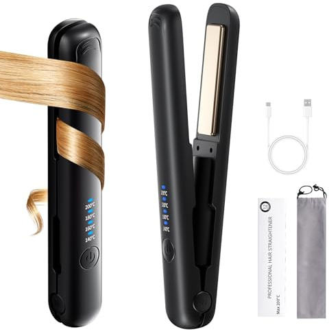 HIULLEN Mini fer à lisser sans fil, fer à lisser 2 en 1, rechargeable, avec 4 températures, fer à lisser, boucler et lisser, lisseur de voyage, fer à lisser en céramique