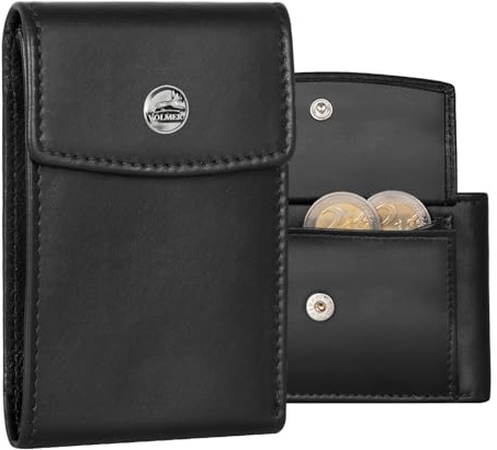 Fa.Volmer ® Kompakte Leder Geldbörse mit RFID-Schutz - großes Münzfach - 9 Fächer für Kreditkarten - inkl. Geschenkbox | VO40 (Schwarz)