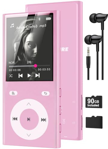 90GB MP3 Players with Bluetooth 5.3, MP3 Player with 2 TF Card Slots | 2.4 Color Screen, Touch Buttons, Music Player Built-in Speaker, HiFi Sound, Supports up to 256GB, Earphones Included (Pink)
