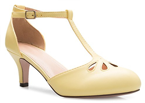 Olivia K Women's Kitten Low Heels T-Strap Pumps - Adorable Vintage Retro Shoes with T Strap - Unique Upper Cut Out Design, Lemon Pu, 7 UK